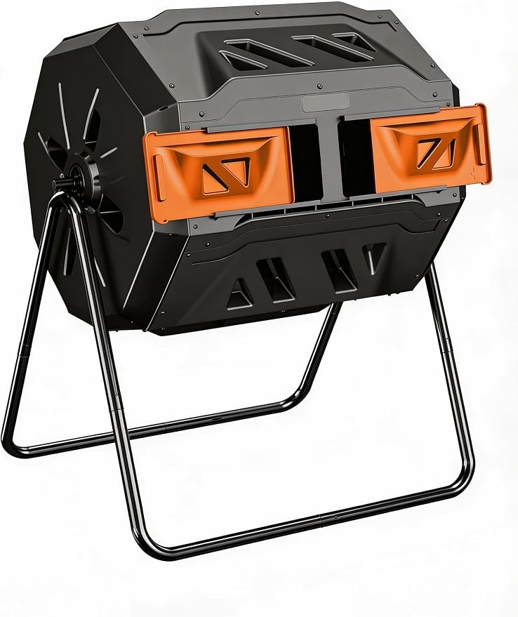 Compost Bin, 43-Gal Dual Chamber Composter Tumbler, Black Orange | Steel Frame with 2 Sliding Door and Aeration System, 360° Rotating, Tumbling Composting Bin for Kitchen, Garden, Yard