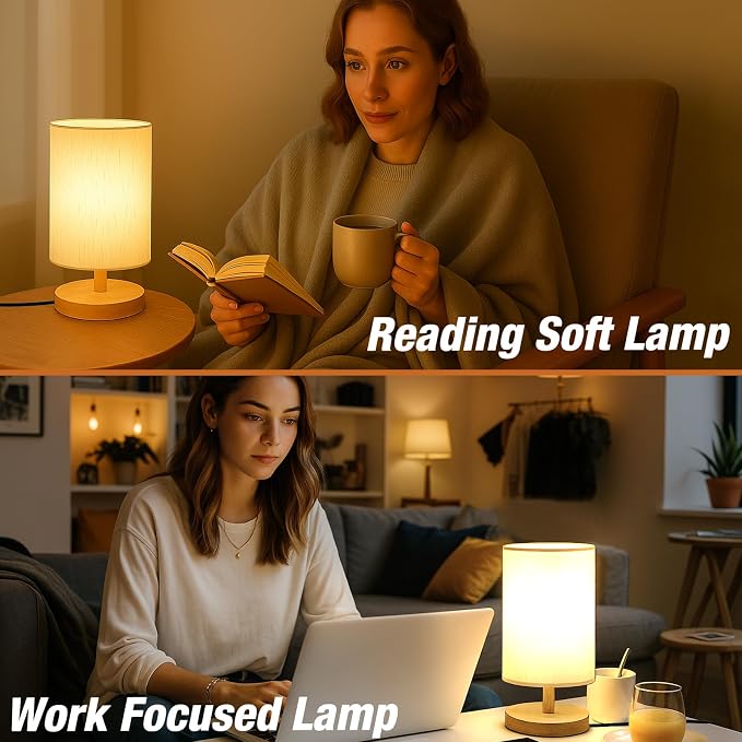 Desk Lamp LED Bulb Included, Small Bedside Table Lamp Plug-in - Classic Wood Base with Flaxen Fabric Shade, Lamps for Night Stands, Simple Nightstand Light for Bedroom, Office, Desk