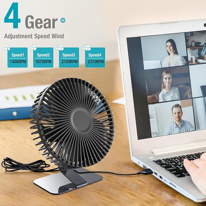 SLENPET 6-inch USB Small Desk Fan, 4 Speeds, Powerful Desktop Table Fan | Ultra-quiet, 90° Adjustment for Better Cooling, Portable Mini Personal Fan for Home Office, Metal Base, Black
