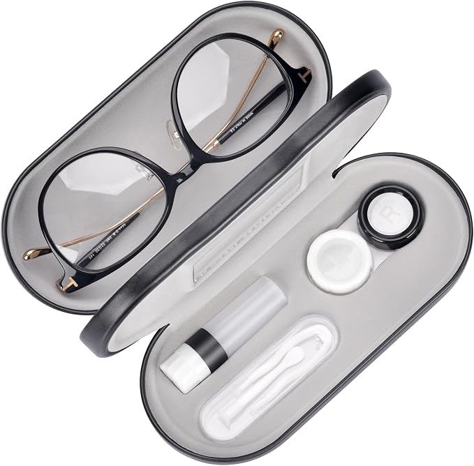 Muf 2 in 1 Contact Lens Case and Glasses Case, Double Sided Design with Mirror, Portable Travel Kit with Tweezer, Remover and Solution Bottle, Black 04