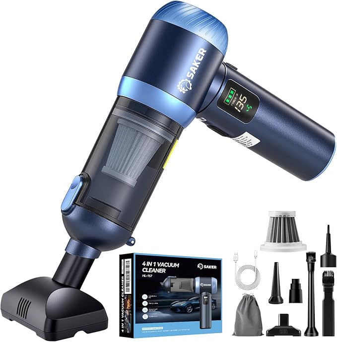 Saker Car Vacuum Portable Cordless 20000Pa Suction Power 4 in 1 Handheld Vacuum with LED Light Type-C Portable Mini Vacuums for Valentine's Day Gifts Car, Home, Office, Pet HL157 Blue