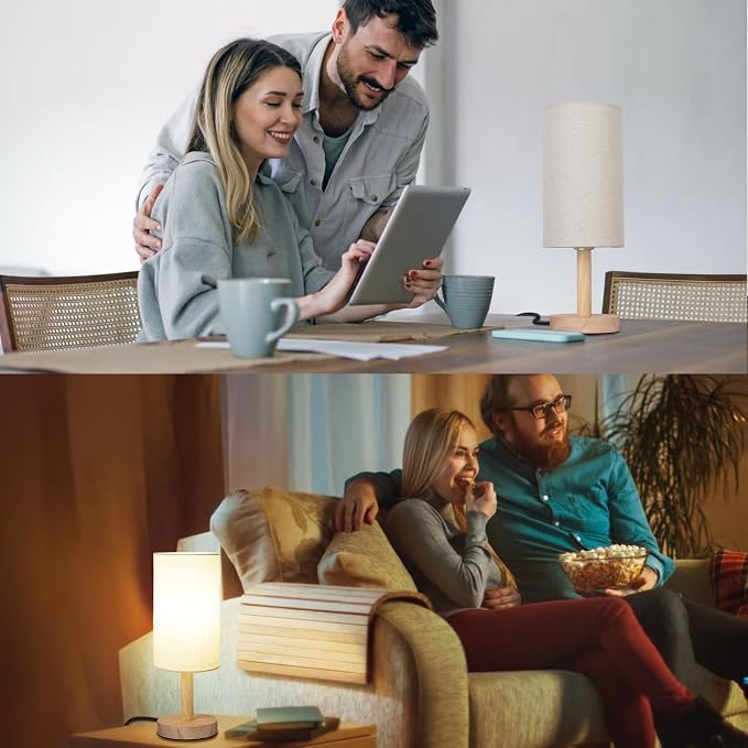 LALISU Small Table Lamp for Bedroom, Nightstand Lamp Linen Lampshade Bedroom Wood Base Small Bedside Lamp for Night Stands, Desk Lamps for Reading Living Room, Office (LED Bulb Included) (Wood Base)