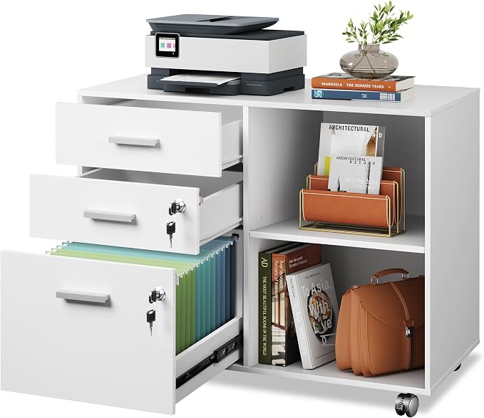 DEVAISE 3-Drawer File Cabinet with Lock, Mobile Wood Filing Cabinet, White | Rolling Printer Stand, Office Cabinet, Open Storage Shelves, Letter & A4 Compatible, Home Office, Under Desk Storage