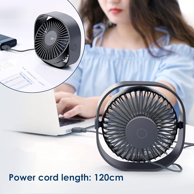 Simpeak Small USB Fan Small Quiet Portable USB Powered ONLY (No Battery), Cooling 3 Speed Setting 360° Adjustable Swivel Desktop Personal Fan for Home Office Bedroom Outdoor Travel Summer, Grey