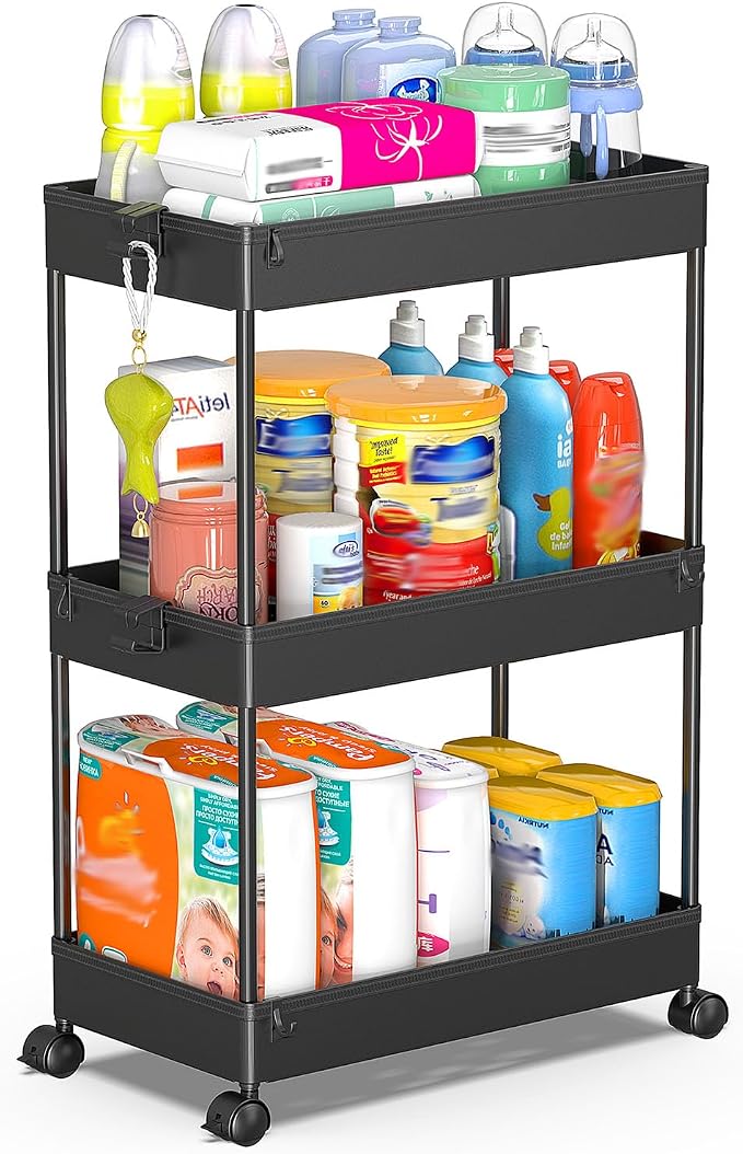 SPACEKEEPER 3 Tier Rolling Cart, Bathroom Cart Organizer with Wheels, Black | Mobile Storage Cart for Laundry Room Organization,Kitchen,Office,Bathroom, Utility Cart for Snack,Craft,Art,Makeup,Nail,Toys