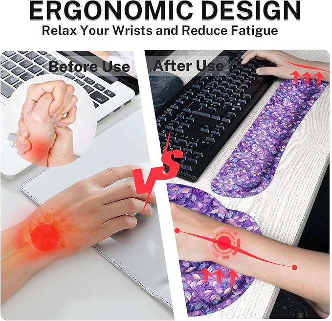 Ergonomic Mouse Pad Set with Wrist Rest, Purple Leaves | Oil Painting Non-Slip Rubber Base Wrist Cushion Support and Coasters Mousepad with Wrist Support for Computer Keyboard