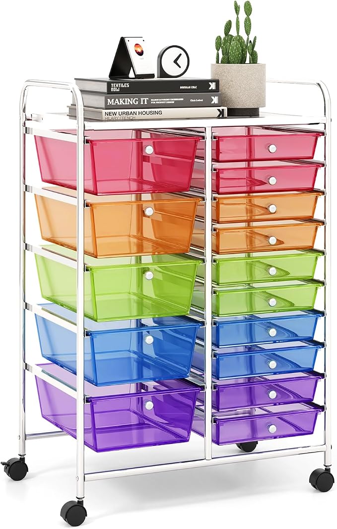 15 Drawer Rolling Storage Cart, Rolling Cart with Drawers for Classroom, Art Supply Craft Organizer on Wheel with Metal Frame & Handles for Home Office School