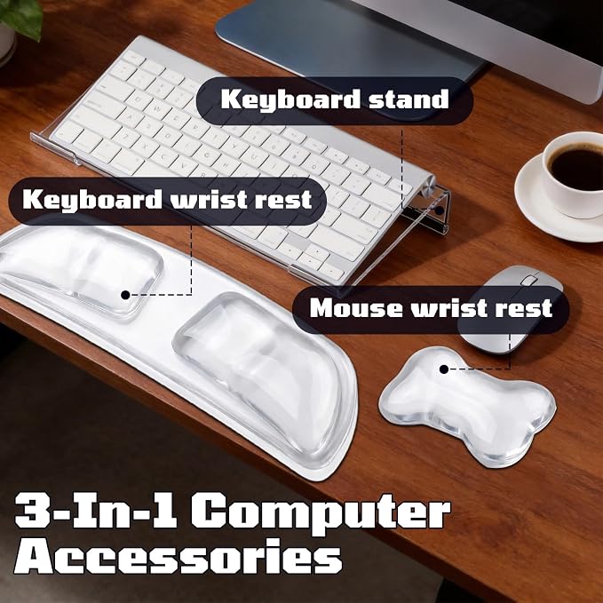 3PCS Gel Wrist Rest for Keyboard and Mouse with Computer Keyboard Stand Set | Ergonomic Wrist Rest for Keyboard with Mouse Hand Support & Keyboards Stand, Non-Slip Base to Office, Gaming, Work (Clear)