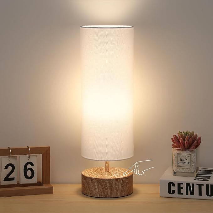Touch Table Lamp with Wood Grain Metal Base, 3 Way Dimmable Bedside Lamp | Modern Nightstand Desk Lamp with White Shade, Simple Night Light for Bedroom Living Room Home Office, LED Bulb Included