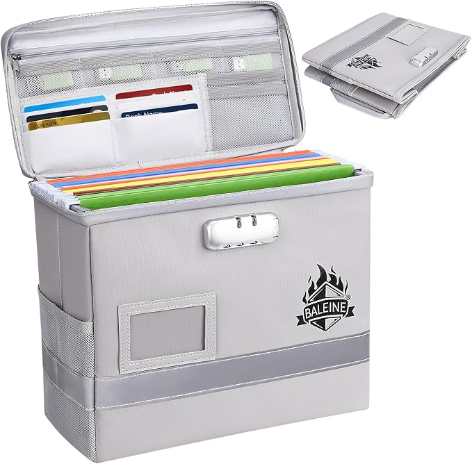 BALEINE Fireproof Document Box with Lock, Portable Fireproof Document Bag Waterproof Fire Proof File Boxes for Documents, File Organizer Box for Important Paperwork (Silver, 12.5''x10.5''x6'')