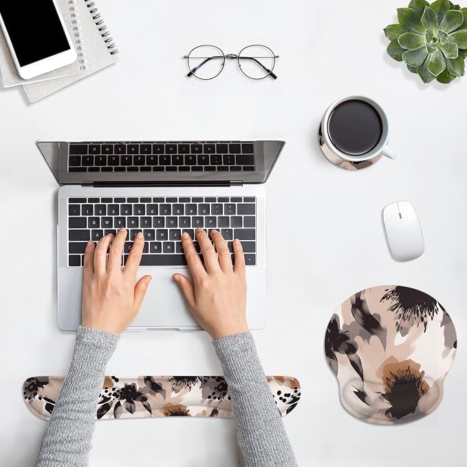 Ergonomic Mouse Pad Set with Wrist Rest, Boho Tribal | Flower Brown Non-Slip Rubber Base Wrist Cushion Support and Coasters Mousepad with Wrist Support for Computer Keyboard