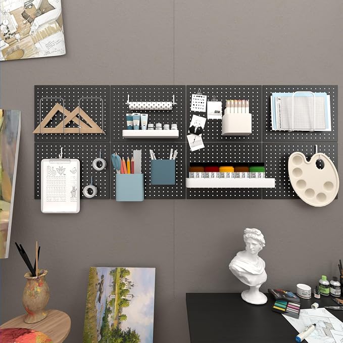 4-Pack Heavy-Duty Metal Pegboard Organizer Kit - 16"x12" Black Steel Wall Control Panels with 8 Hooks for Garage Tools, Craft Rooms, and Home Office Storage