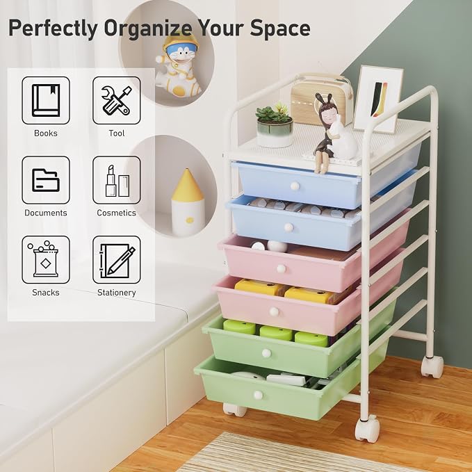 Rolling Storage Cart with Drawers 6-Tier Office Colorful | Utility Cart with 6 Drawers & 2 Lockable Caster Wheels, Multipurpose Mobile Drawer Cart for School Bathroom Kitchen