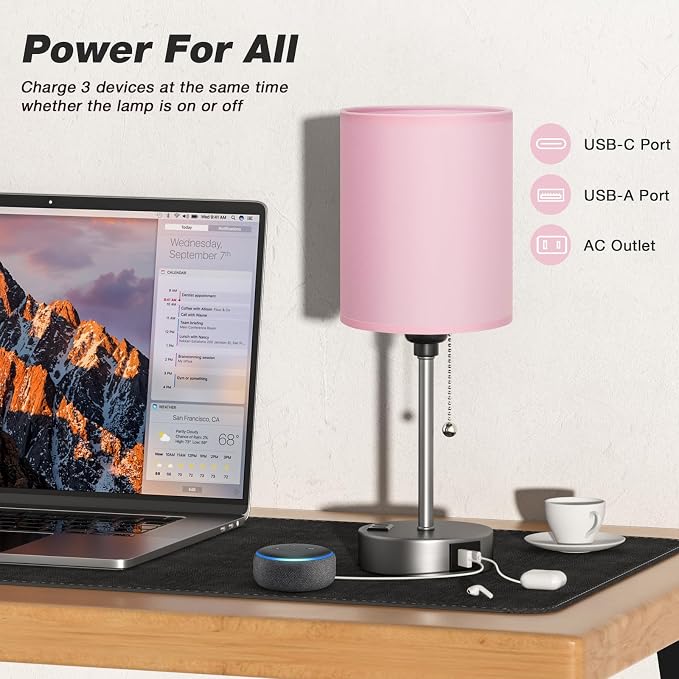 Small Bedside Table Lamp for Bedroom - Desk Lamp with USB Ports for Dorm | USB A+C Ports, AC Outlet, 3-Color Temps, LED Bulb Included, Soft Pink Fabric Shade, Sleek Silver Base, 14" Night Stand Lamp