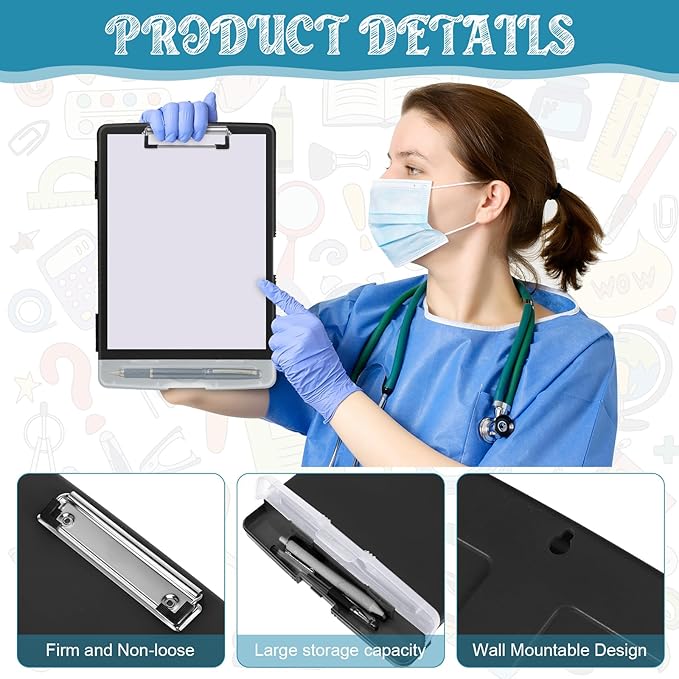 Crtiin 6 Pcs Colored Clipboard with Storage, 8.5 x 11 Inch Heavy Duty Plastic Nursing Clipboard Folder with Pen Holder A4 Medical Holder for Nurse Doctor Teacher Office, Organization (Black)