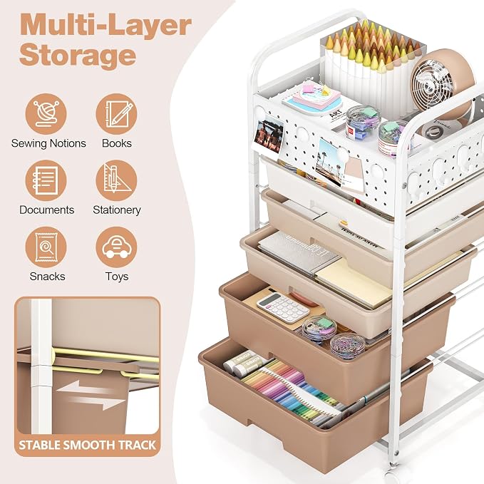 5 Drawer Rolling Storage Cart with Pegboard Top and Hooks, Brown | Mobile Organizer Cart with Wheels for Office Supplies, Craft Storage, Classroom Organization, Home Utility Cart