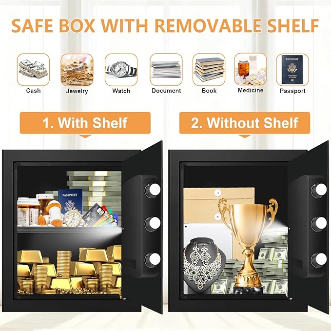 2.0 Cub Large Fireproof Safes for Home Use, Digital Security Safe Box Fireproof Waterproof with Combination Lock and Removable Shelf, Home Fire Safe for Document Money Medicines Valuables