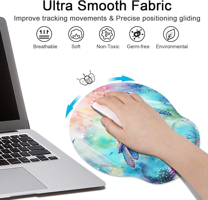 Ergonomic Mouse Pad Set with Wrist Rest, Cute Sea Turtle | Coral Reef Ocean Non-Slip Rubber Base Wrist Cushion Support and Coasters Mousepad with Wrist Support for Computer Keyboard
