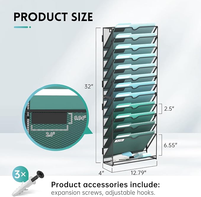 13-Tier Wall File Organizer, Hanging File Holder, Wall Mounted Mail Sorter | Metal Mesh Hanging File Organizer with Open Compartments and Label Panels for Papers and Folders at Home, Office or School