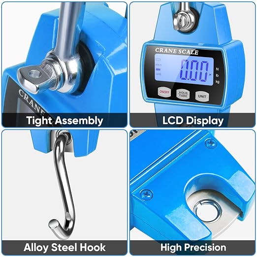 RoMech 660lb Digital Hanging Scale with Cast Aluminum Case, Handheld 300Kg Mini Crane Scale with Hooks for Farm Hunting Fishing Outdoor (Blue)