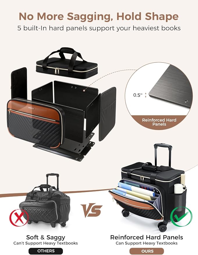 Rolling Teacher Bag with 4-Wheels 360° Spinner, Hardside Large | Laptop Rolling Briefcase for Women Teacher Office Craft Nurse, Roller Tote Work Bag with Accordion File, V-Quilt Black Brown