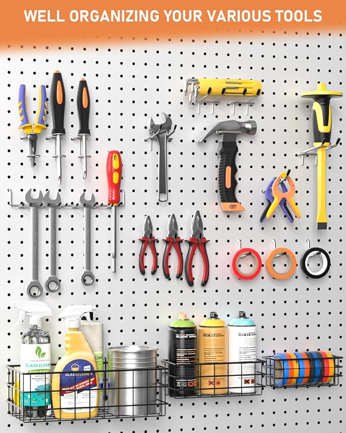 INCLY 100PCS 1/4 Inch Extra Thick Pegboard Accessories Kit with 3 Baskets | Heavy Duty Metal Peg Board Hook Assortment, 3 Sizes Basket S/M/L, Fit 1/4 Inch Pegboard, Garage Wall Organizer Hanging Tools