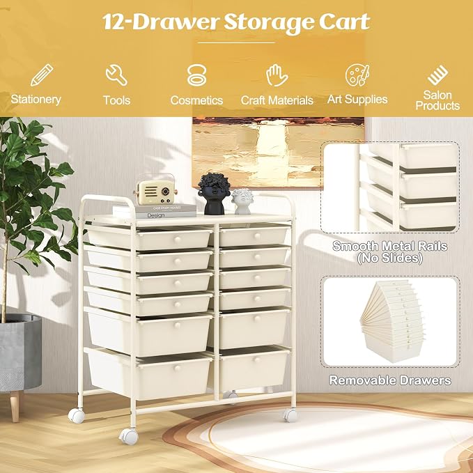 COSTWAY 12-Drawer Rolling Storage Cart, Moveable Art Craft Organizer | Lockable Wheels, Metal Shelf, Files Arrangement Tools Makeup Storage Cart for Office, Home, School (White)