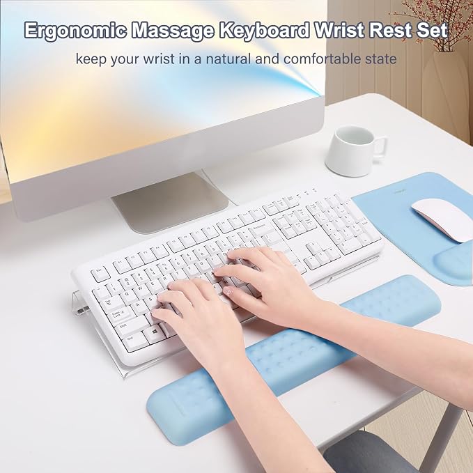 MOSISO Keyboard Stand&Wrist Rest Support for Keyboard &Mouse Pad Set | Ergonomic Massage Wrist Rest Set, Easy Typing Working Acrylic Clear Stand for Office Home, Air Blue