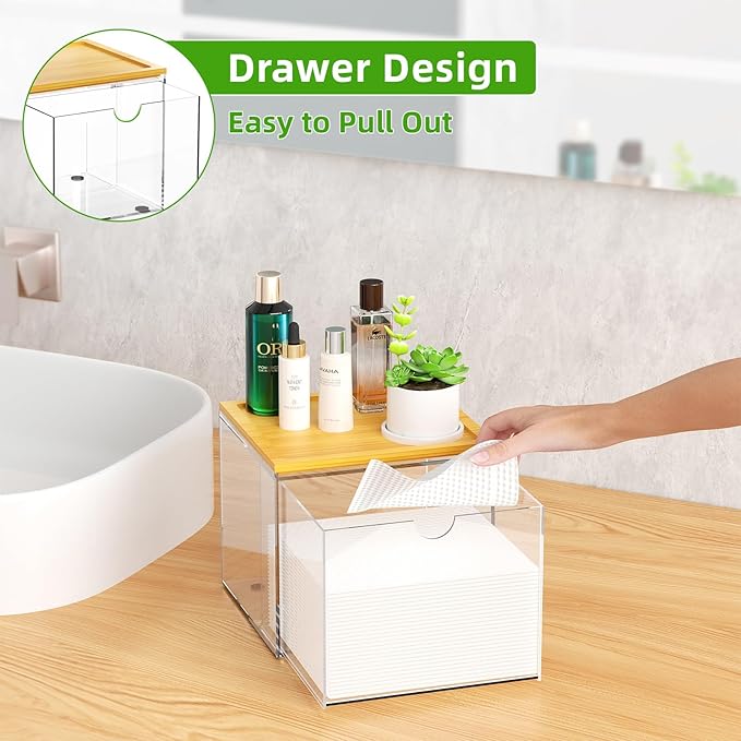 VITVITI Drawer Disposable Face Towel Holder Box, Acrylic Storage, Clear | Face Towels Holder Container for XL Clean Skin Club, Facial Towel Storage with Bamboo Lid, for Bathroom, Vanity Makeup