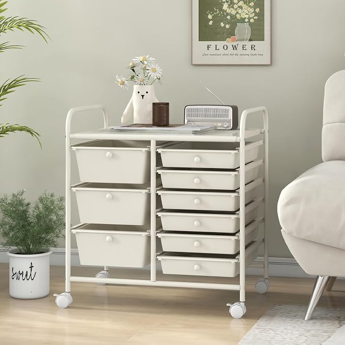 9 Drawer Rolling Storage Cart, Rolling Cart with Drawers for Classroom, Art Supply Craft Organizer on Wheel with Metal Frame & Handles for Home Office School