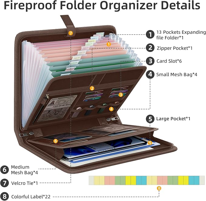 Fireproof Accordion File Organizer, Expanding File Folder with 13 Pockets | Portable Document Organizer with Waterproof Zipper & Labels, File Organizer for Important Document/Paper Storage, Brown