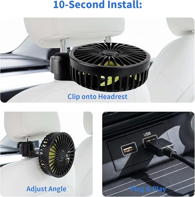 Kwak's Car Fan for Back Seat Clip-on USB, 3-Speed Quiet Portable | 55" Long Cord|Built-in Fragrance Slot|5 Quiet Blades| Reversible Mount| fits Headrest Rods|for Car/Office/Home.