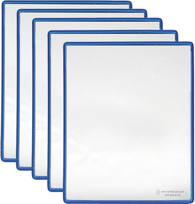 Tarifold Wire-Reinforced Display Pockets, Letter Size, Blue, 5 Pack | 5 non-glare PVC pockets, reinforced steel wire frames, top-loading, protects letter-size documents from dirt and splashes