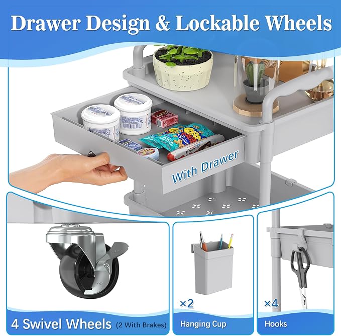 SUNALLY 4 Tier Rolling Cart with Drawer, Craft Storage Cart Organizer, Gray | Bathroom Storage Organizer with 2 Lockable Wheels, Rolling Utility Cart for Kitchen, Office, Baby, Makeup, Nail,Snack,Laundry