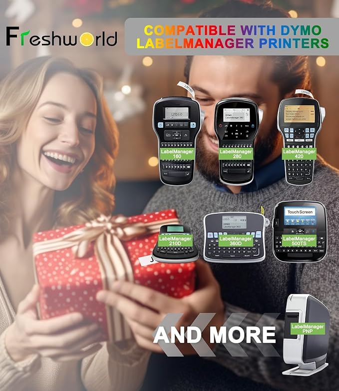 Freshworld 6-PK Colored Tape Replace for Dymo D1 Label Tape 1/2'' 23' Black on Yellow/Red/Blue/Green/Clear/White Compatible with Dymo ColorPOP LabelManager 160 210D 260P 280 360D 420P 500TS 640CB