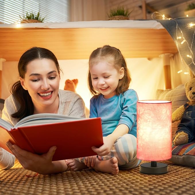 Small Table Lamps(Pink Shade - Black Base, 9" Inline Control) | 3000K LED Blub Included | 680 Lumens | Easy Assembly | Minimalist Design | E26 | for Kitchen | for Kids Room