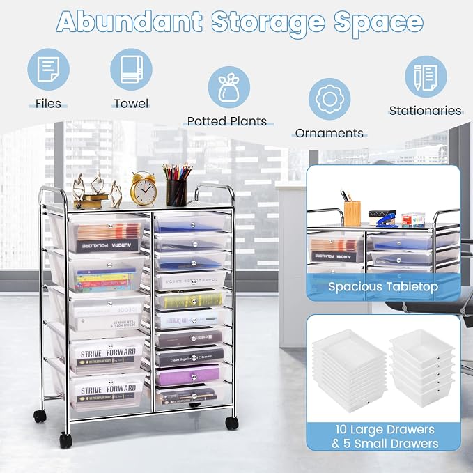 COSTWAY 15 Drawer Rolling Storage Cart, Mobile Storage Organizer | Removable Drawers & Metal Frame, Multipurpose Utility Tools Paper Organizer on Wheels for Home, Office (Transparent)