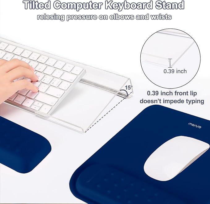 MOSISO Keyboard Stand&Wrist Rest Support for Keyboard &Mouse Pad Set | Ergonomic Massage Wrist Rest Set, Easy Typing Working Acrylic Clear Stand for Office Home, Navy Blue