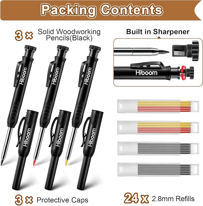 Hiboom 3 Pack Carpenter Pencil with 24 Refills Built In Sharpener,Black | Concrete Wood Metal, Deep Marking, Multi-Color Refills, 2.8mm Lead, Construction Work, Waterproof, Carpenter Builder DIY