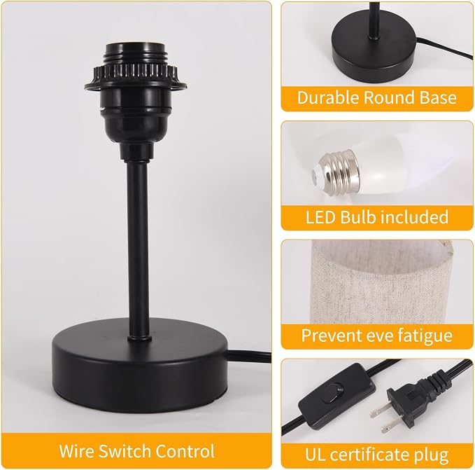 RISLG 2 Pack Small Table Lamps for Bedroom, Bedside Lamps for Nightstand with Wire Switch, Minimalist Modern Desk Lamps with Linen Fabric Shade for Kids Room Living Room Office Dorm, Bulb Included
