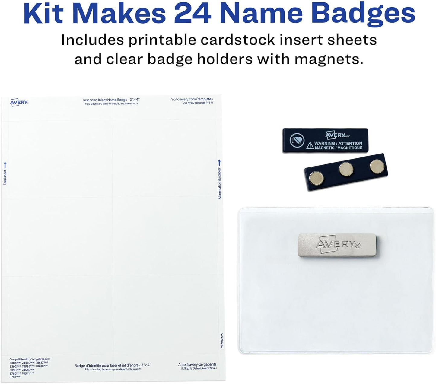 Avery Customizable Name Badges, Magnet Style, 3" x 4", Clear Name Tag Holders, White Laser/Inkjet Printable Inserts, 24 Total (8780)