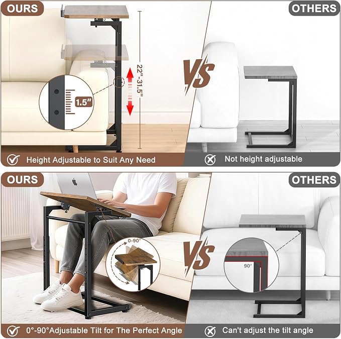 Tv Tray Table Set of 2, Living Room Table Sets 8-Level Adjustable Height Couch Side Table,90° Tilt Angle foldable End Table,Laptop Table with Phone & Tablet Slot Dinner Tray Desk for Recliner/Sofa/Bed