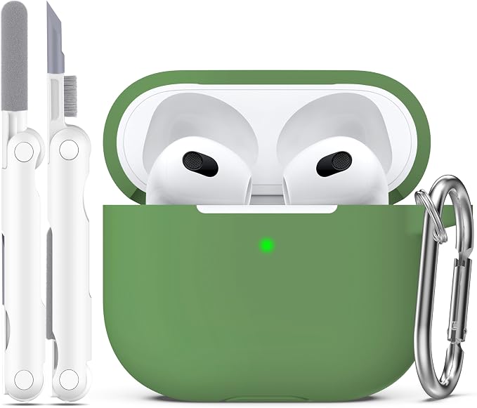 Compatible with AirPod 3 Case Cover, Silicone Protective Accessories Skin with Keychain Compatible with Apple AirPod 3rd Generation 2021 for Women Men Girls Boys,Front LED Visible,Grass Green