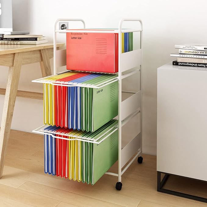 PUNCIA 3-Tier Metal File Cart with Wheels Pull-Out Rolling Folder Organizer | White Mobile Hanging File Cabinet for Letter Documents Home Office Storage Easy to Move and Access