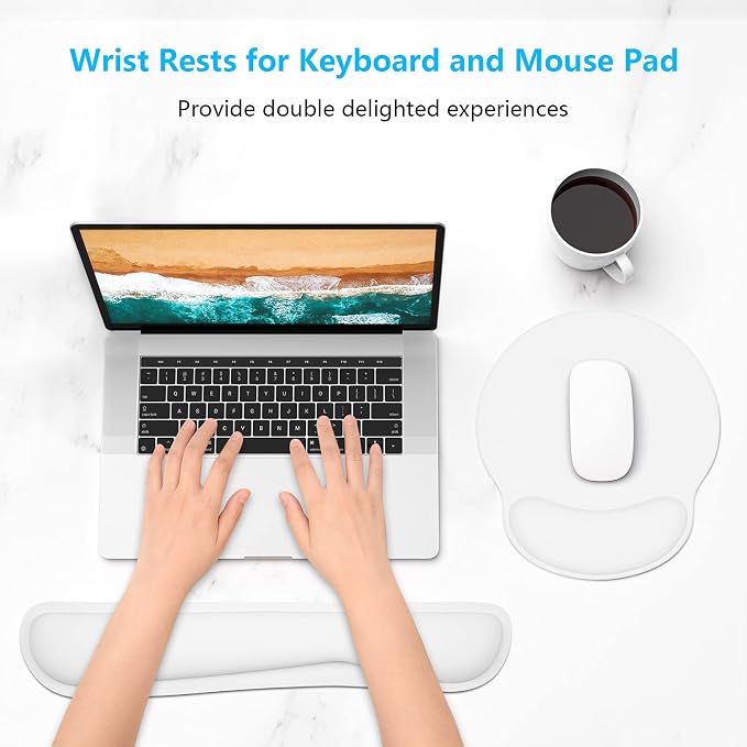 Dapesuom Keyboard Wrist Rest and Mouse Pad with Wrist Support, Memory Foam Cushion for Keyboard and Mouse Set, Ergonomic Desktop Pad Rests with Non Slip Base for Easy Typing & Pain Relief, Ivory White