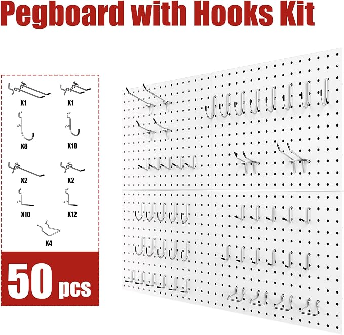 Heavy Duty Peg Board, 4 Pack Metal Pegboard Panels with 50 Hooks | White Pegboard Organizer - Heavy Duty Wall Mount Storage System for Garage Tools, Workbench, Office & Home Organization