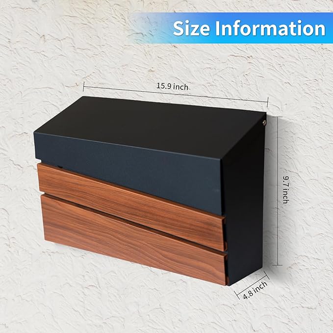 Wall-Mount Mailbox, Wood-Grain Metal Panel, Rust Resistant Large Capacity House Mailbox, Modern Drop Mailboxes for Outside, Metal Post Box (No Keys Locking)