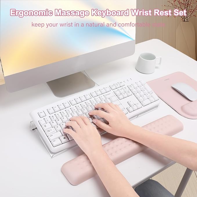 MOSISO Keyboard Stand&Wrist Rest Support for Keyboard &Mouse Pad Set | Ergonomic Massage Wrist Rest Set, Easy Typing Working Acrylic Clear Stand for Office Home, Pink
