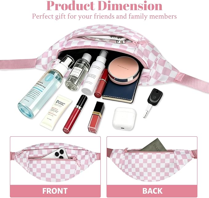 Pink Checkered Fanny Pack for Women Cross Body Bag for Concerts Travel | Rose Pink and White Checkered,Stylish,Large Capacity,Hands-Free ,Idea for Enjoy Shopping Sports Traveling Running Casual