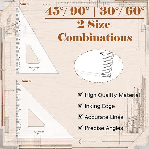 Coopay 2 Pack Triangle Ruler, 30/60 & 45/90, Clear Acrylic, Inking Edge | Drafting Triangle, 8 inch 30/60, 6 inch 45/90 Degree, Technical Drawing Tools, Design, Architect and Engineering, Student